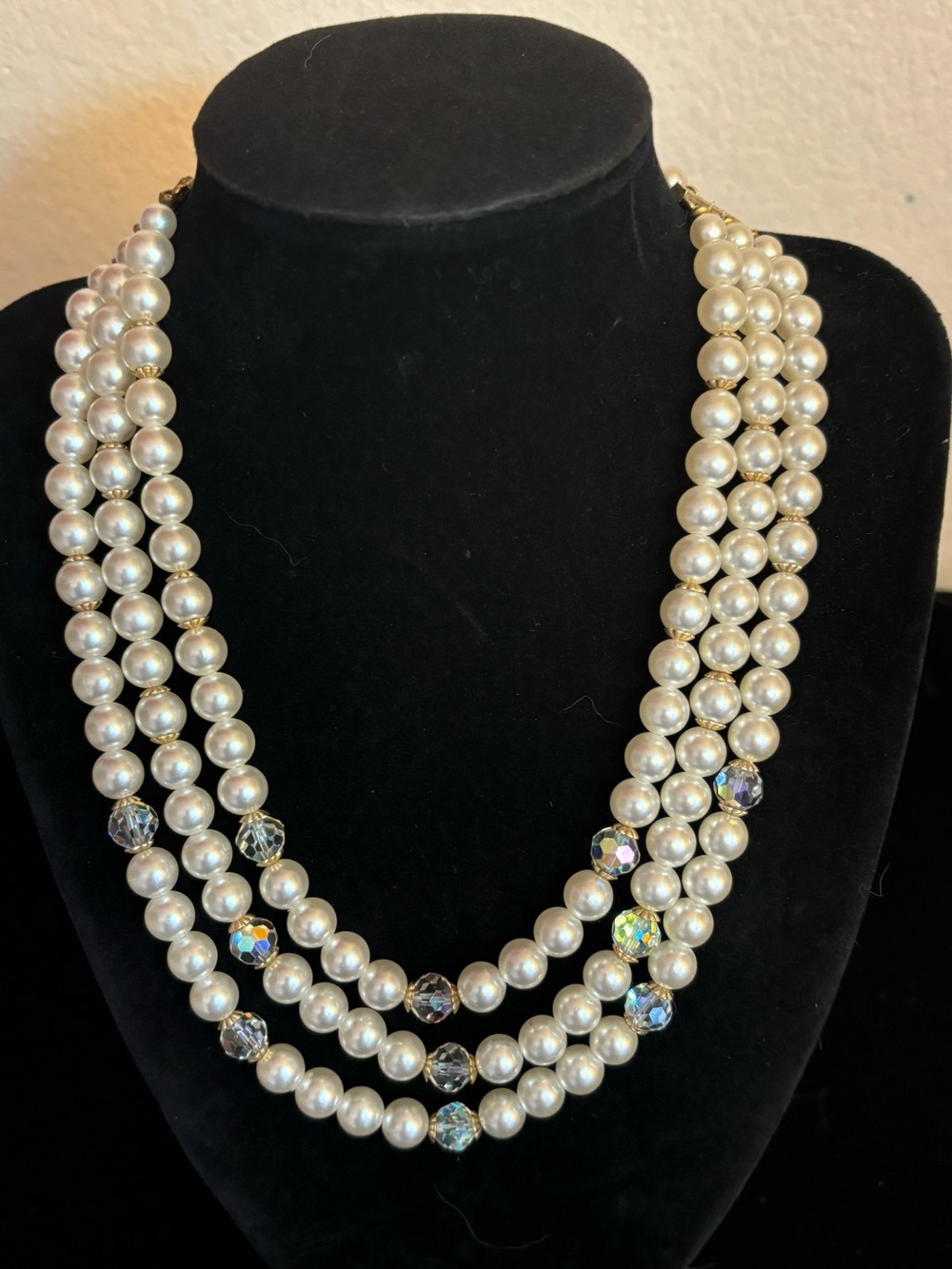 Vintage 3 Strand Faux Luster Pearl Necklace with Aurora Borealis Beads, 16”